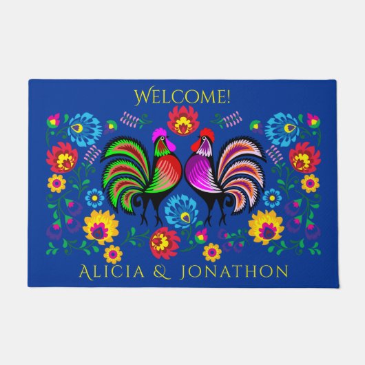 Persoalized bunte Volkskunst-Hähne und Blumen Fußmatte (Vorderseite)