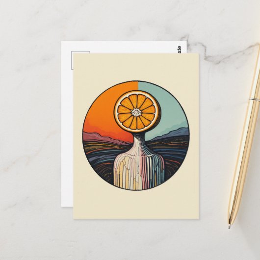 Person mit einer Orange als Kopf Postkarte (Vorderseite/Rückseite Beispiel)