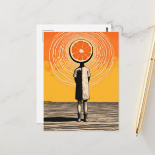 Person mit einer Orangenscheibe als Kopf Postkarte