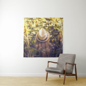 Person wearing white hat beside sunflower fields wandteppich (Beispiel)