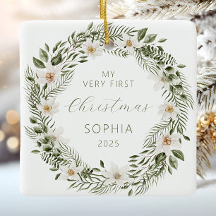 Persona;ized Baby First Christmas Woodland Wreath Keramikornament