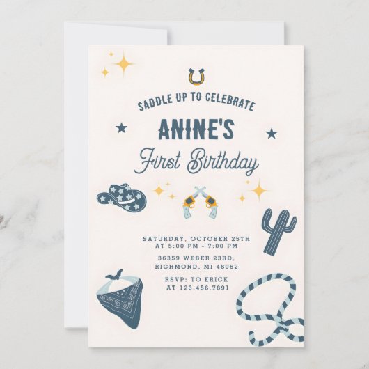Personal 1st Birthday CowBoy Wild West Einladung (Vorderseite)
