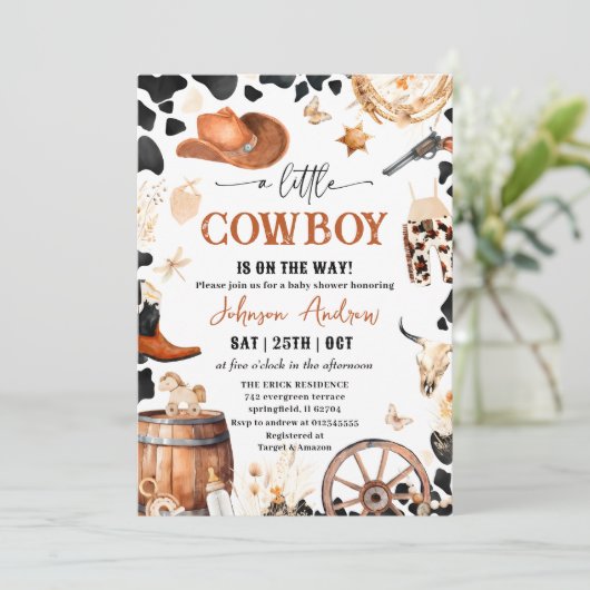 Personal A Little CowBoy Baby Dusche Einladung (Stehend Vorderseite)