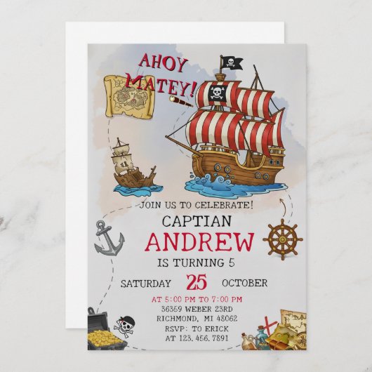 Personal Ahoy Mateys Pirate Ship Birthday Party Einladung (Vorne/Hinten)
