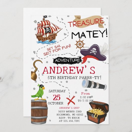 Personal Ahoy Mateys Pirate Ship Birthday Party Einladung (Vorne/Hinten)
