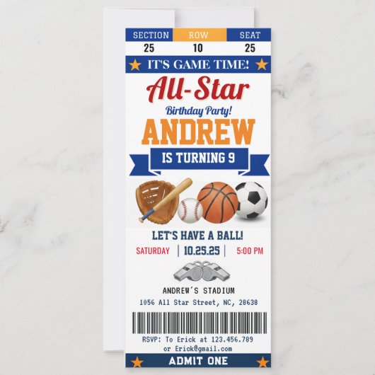 Personal All Star Sport Birthday Ticket for kid Einladung (Vorderseite)