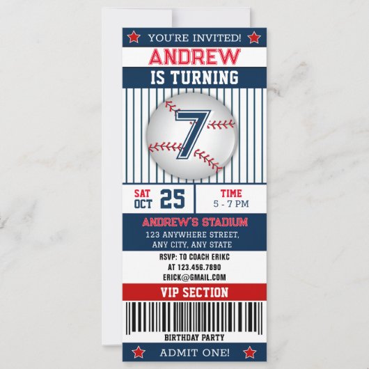 Personal Baseball Sports Ticket Style für Junge Einladung (Vorderseite)