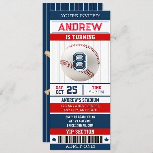 Personal Baseball Sports Ticket Style für Junge Einladung (Vorne/Hinten)