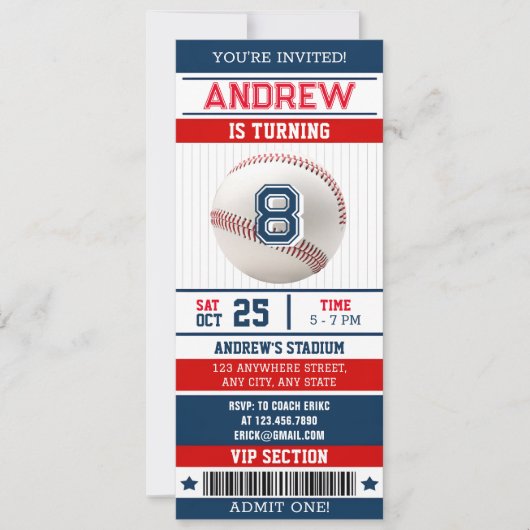 Personal Baseball Sports Ticket Style für Junge Einladung (Vorderseite)