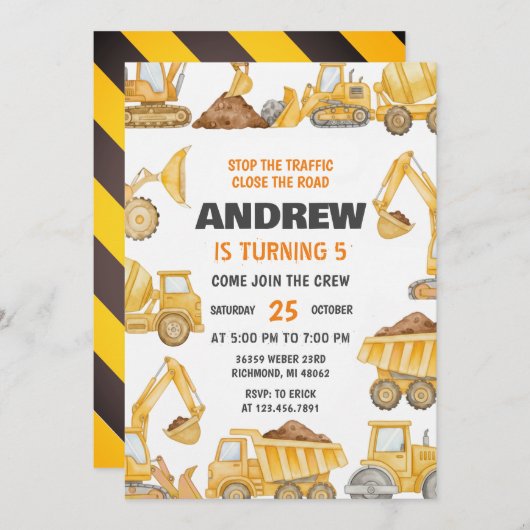 Personal Construction Boys Modern Birthday Party Einladung (Vorne/Hinten)