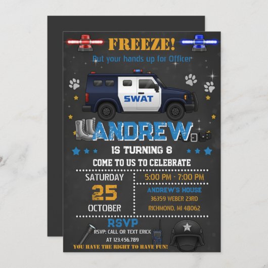 Personal Cop Policeman Birthday Party for Kid Einladung (Vorne/Hinten)