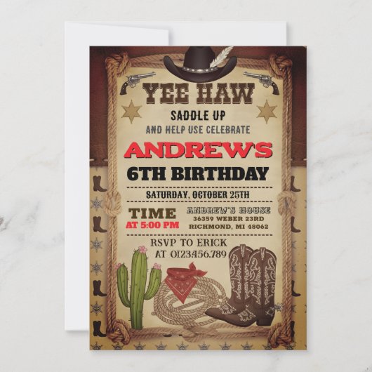 Personal Cowboy Hat and Lasso Wild West Birthday Einladung (Vorderseite)