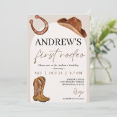 Personal First Rodeo Cowboy Birthday Einladung (Stehend Vorderseite)