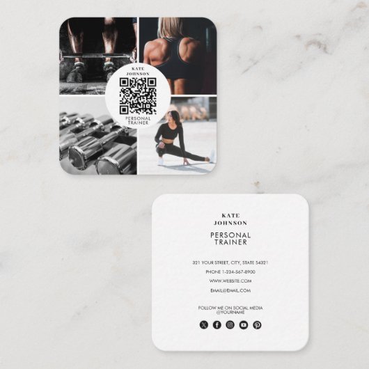 Personal Fitness Trainer Foto QR Social Media Quadratische Visitenkarte (Vorne/Hinten)