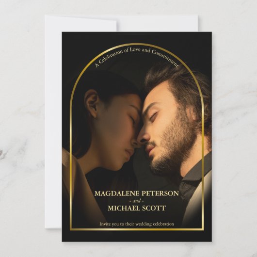 Personal Foto Gold Arch Frame Black Wedding Einladung (Vorderseite)