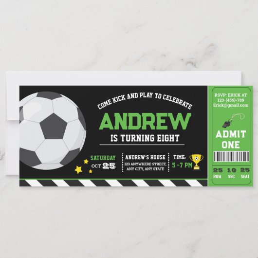 Personal Green moderne Fußball Ticket Geburtstag Einladung (Vorderseite)