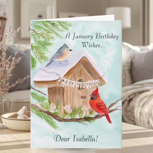 Personal Happy January Birthday With Birds at Bird Karte