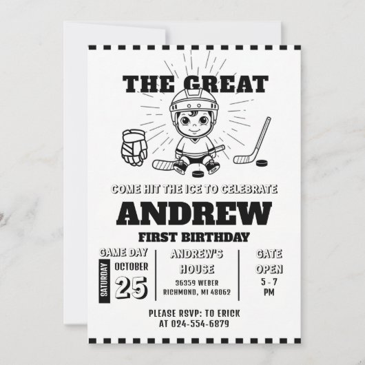 Personal Hockey Theme First Birthday Invitation Einladung (Vorderseite)