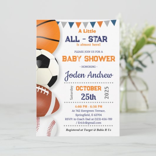 Personal Little All-Star Sport Baby Dusche Einladung (Stehend Vorderseite)