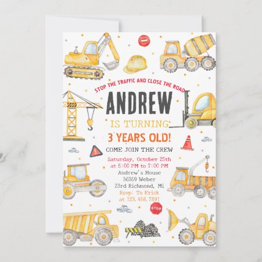 Personal Modern Birthday Party Construction Einladung (Vorderseite)