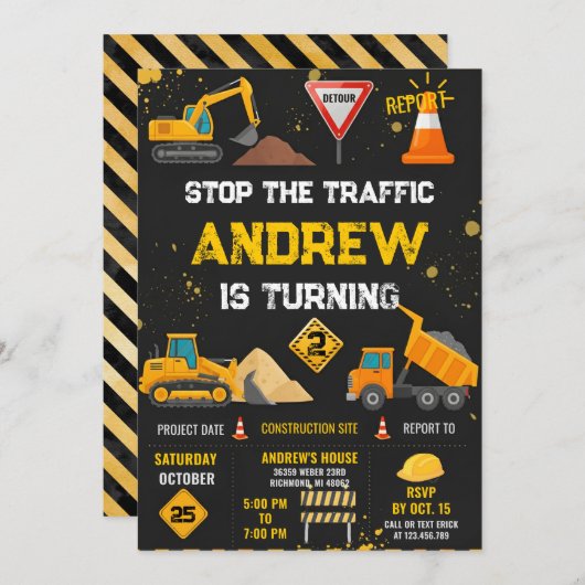 Personal Modern Kids' Construction Birthday Party  Einladung (Vorne/Hinten)