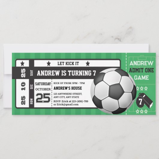 Personal moderne Boys Soccer Party Ticket Geburtst Einladung (Vorderseite)