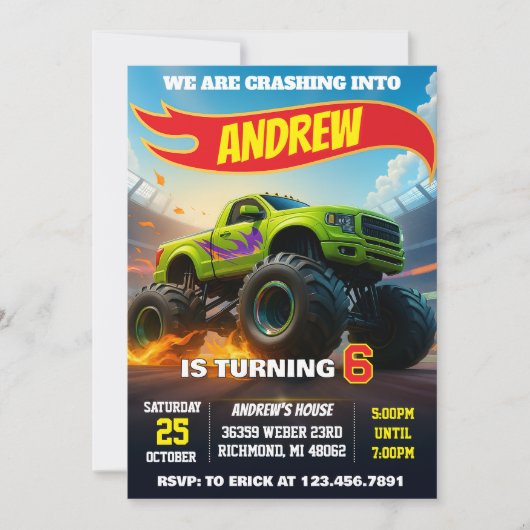 Personal Monster Truck Cars Birthday Party Einladung (Vorderseite)