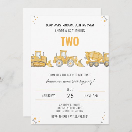 Personal Simple Construction Birthday Party Invita Einladung (Vorne/Hinten)