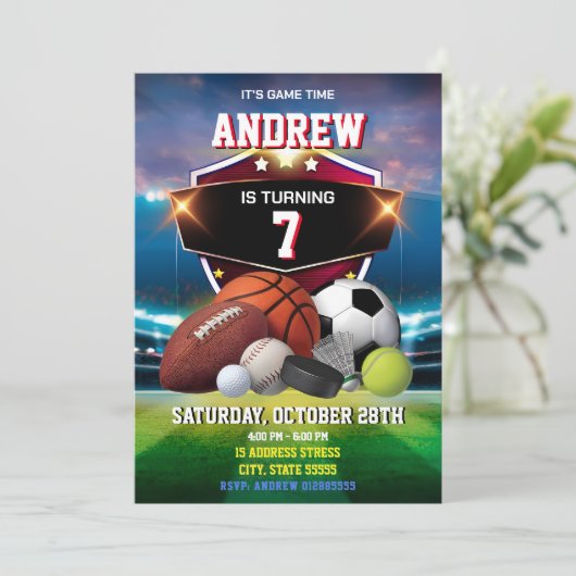 Personal Sport Geburtstag druckbare Einladung (Stehend Vorderseite)