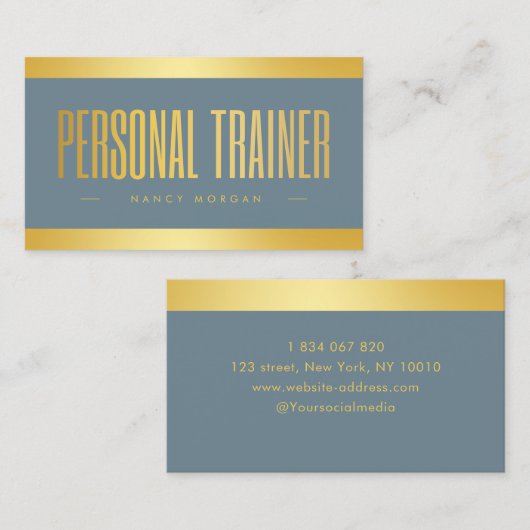 Personal Trainer Dusty Blue und Gold Visitenkarte (Vorne/Hinten)