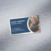 Personal Trainer Foto für Navy Blue Silver Fitness Magnetische Visitenkarte (Beispiel)