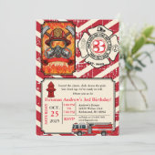 Personal Vintage Fireman Birthday with photo  Einladung (Stehend Vorderseite)