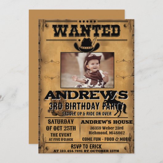 Personal Western Cowboy with Photo Birthday  Einladung (Vorne/Hinten)