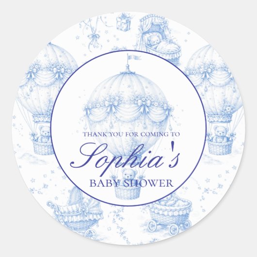 Personalised Blue Toile de Jouy Baby Shower Stick Runder Aufkleber (Vorderseite)