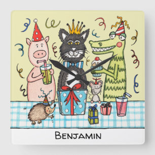 Personalised Child's Party Animals Wall Clock Quadratische Wanduhr