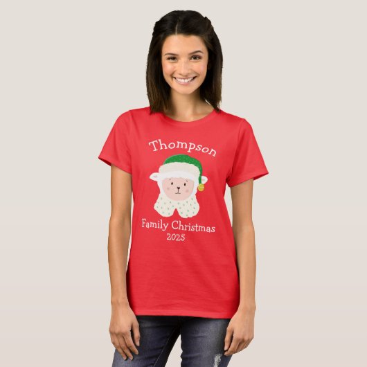 Personalised Christmas Baby Sheep Wearing Elf Hat T-Shirt (Vorne ganz)