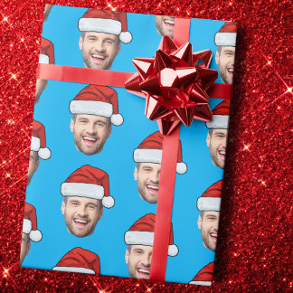 Personalised Face Santa Hat Blue Gift Wrap Geschenkpapier