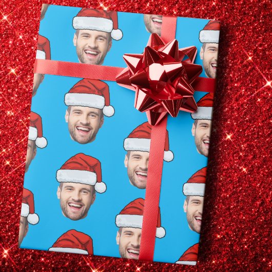 Personalised Face Santa Hat Blue Gift Wrap Geschenkpapier