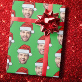 Personalised Face Santa Hat Green Gift Wrap Geschenkpapier