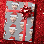 Personalised Face Santa Hat Grey Gift Wrap Geschenkpapier