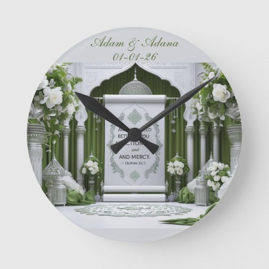 Personalised Islamic Bridal Wall Clock Runde Wanduhr (Vorderseite)