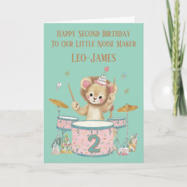 Personalised Lion Playing Drums 2nd Birthday Card Karte