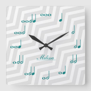 Personalised Music Notes - teal blue and grey Quadratische Wanduhr
