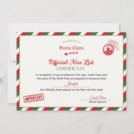 Personalised Official Nice List Certificate Santa Einladung (Vorderseite)