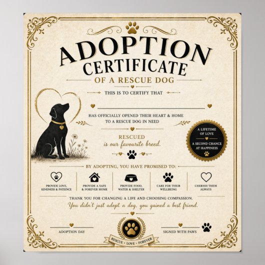 Personalised Rescue Dog Adoption Certificate Poster (Vorne)
