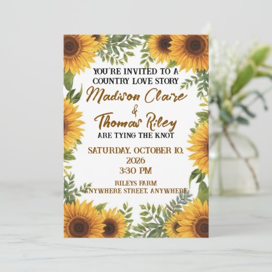Personalised Sunflower Wedding Invitation | Rustic Einladung (Stehend Vorderseite)