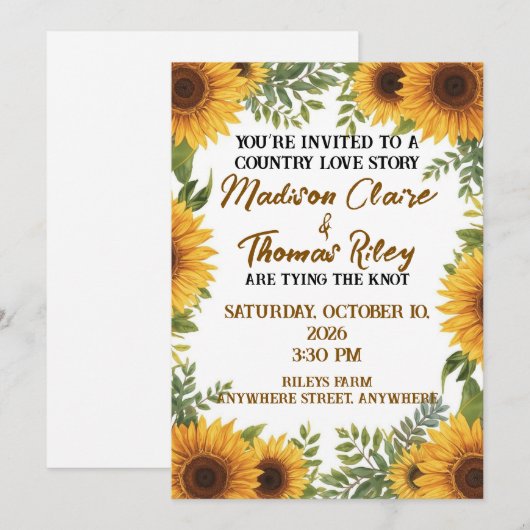 Personalised Sunflower Wedding Invitation | Rustic Einladung (Vorne/Hinten)