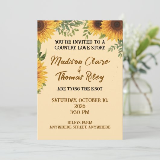 Personalised Sunflower Wedding Invitation | Rustic Einladung (Stehend Vorderseite)