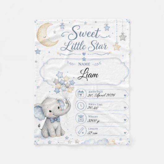 Personalisierbare Baby Geburtstafel mit Elefant  Fleecedecke (Vorderseite)