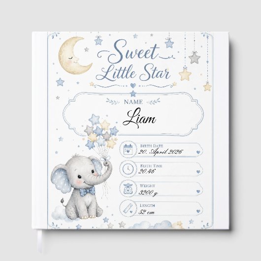 Personalisierbare Baby Geburtstafel mit Elefant Gästebuch (Vorderseite)